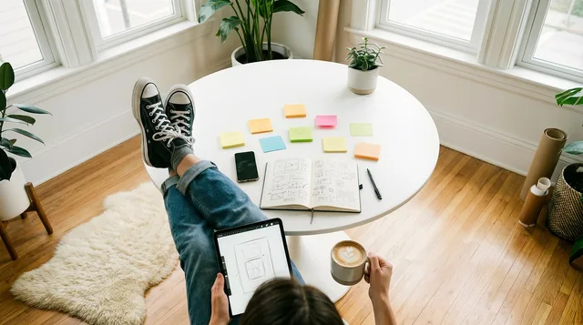 job, table, coffee, drawing, design, creative, grades, shoes, jeans, home, study, white, wood, green, floors, organization, planning, inspiration, hands, process, art, office, freelancer, generated by ai. Web design agency software judged on daily use